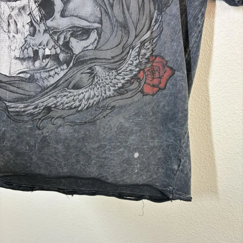 Affliction Shirt Womens Large Gray Skull Roses Top Hat Graphic Tee Gothic